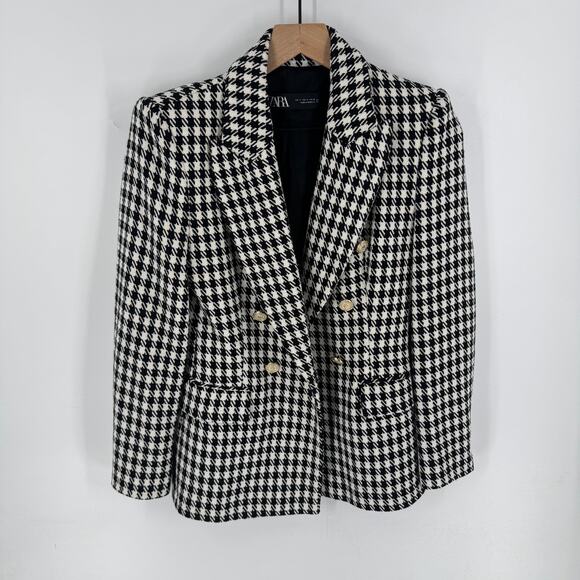 ZARA Black White Houndstooth Double Breasted Blazer Gold Button Tweed Size Small - Picture 6 of 9